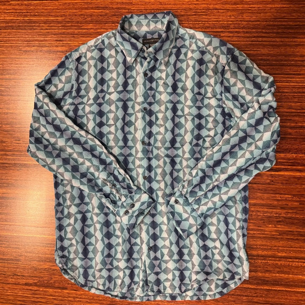 JHANE BARNES Japan Woven Green Geometric Cotton Button Down Shirt Mens LARGE